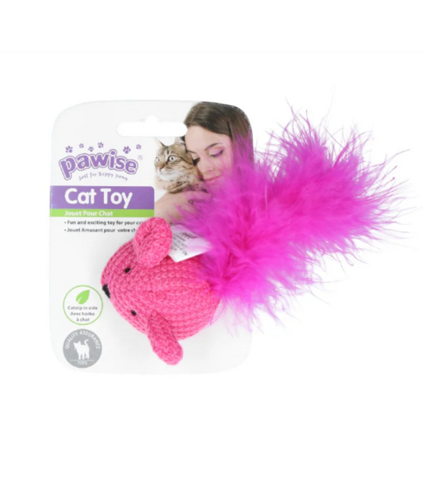 Pawise Wool Mouse Cat Toy – Soft Knitted Plush with Feather Tail for Interactive Play