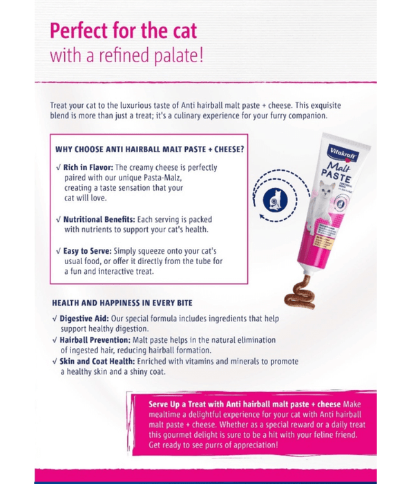 Vitakraft - Malt Paste, with Cheese, Anti-Hairball Formul For Cats - 100g