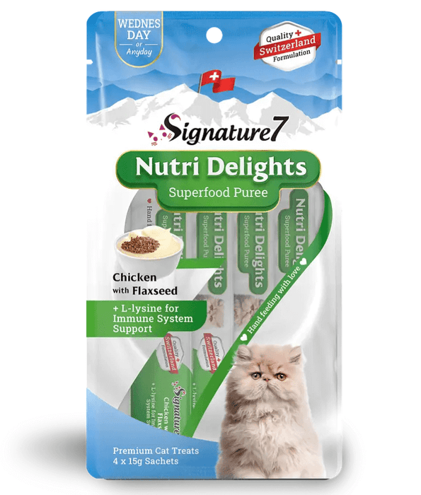 Signature7 Nutri Delights Puree Chicken With Flaxseed For Immune System Support Liquid Cat Treats 4x15g