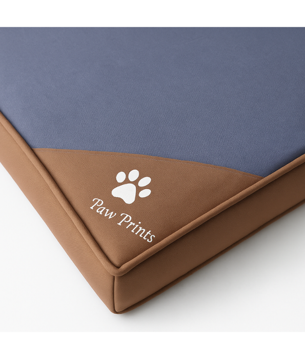 King Queen - Paw Prints Rectangular Pet Mat, Blue & Brown, Washable, Anti-Slip - 91×64×8 cm