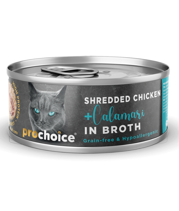 Prochoice – Shredded Grain-Free Wet Cat Food with Fresh Chicken & Calamari in Broth, Hypoallergenic – 70g