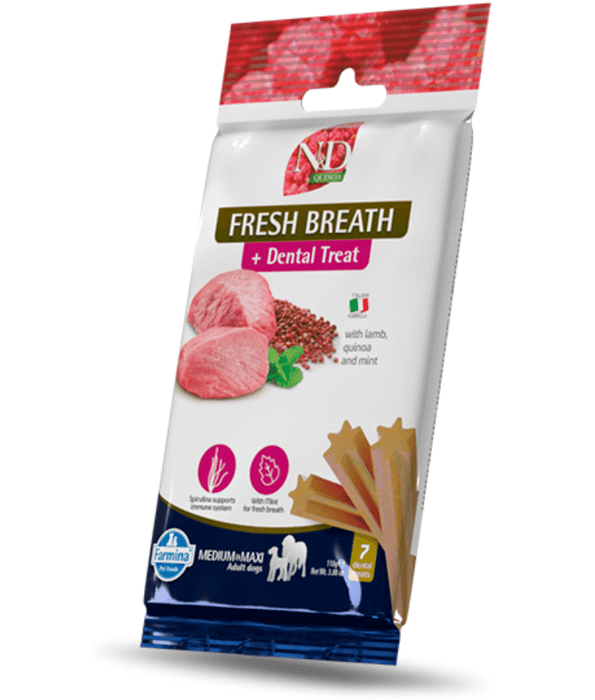 Farmina - N&D Quinoa, Dental Treats for Adult Dogs – Lamb, Quinoa & Mint, Fresh Breath, Dental & Immune Support, Grain-Free, For Medium & Maxi Breeds - 7 Sticks