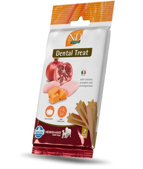 Farmina - N&D Pumpkin, Dental Treats for Adult Dogs – Chicken, Pumpkin & Pomegranate, Grain-Free, Daily Dental Care & Immune Support For Medium & Maxi Breeds - 7 Sticks