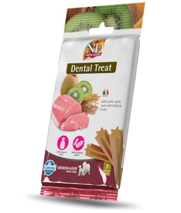 Farmina - N&D Tropical Selection, Dental Treats for Adult Dogs – Pork, Spelt, Oats & Tropical Fruits, Daily Oral Care, Digestive & Joint Support For Medium & Maxi Breeds - 7 Sticks