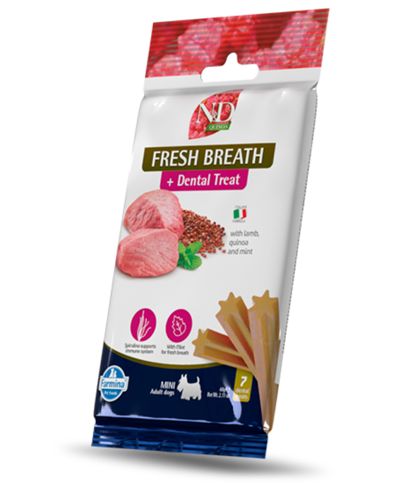 Farmina - N&D Quinoa, Fresh Breath Dental Treat with Lamb, Quinoa & Mint, Mini Adult Dogs - 60g