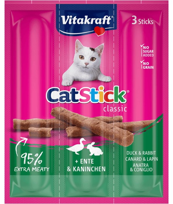 Vitakraft - CatStick, 3 Classic Soft Sticks With Rabbit and Duck - 18g