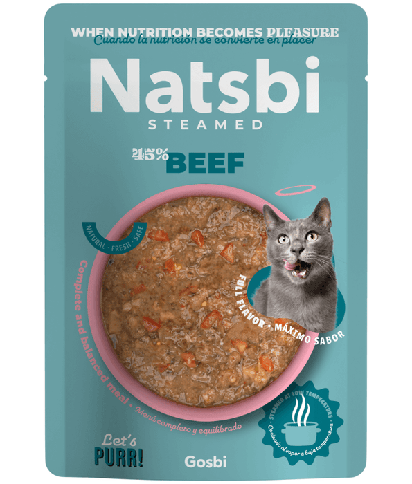 Gosbi - Natsbi Steamed, Beef in Broth Fresh Cat Food – Grain-Free, Complete Meal for All Life Stages – 80g