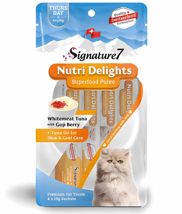 Signature7 Nutri Delights Thursday Whitemeat Tuna with Goji Berry For Skin and Coat Care Liquid Cat Treats 4x15g