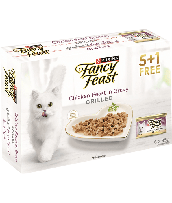 Purina - Fancy Feast, Adult and Kitten Wet Cat Food, With Grilled Chicken Chunks in Gravy 5+1 Free Cans x 85g
