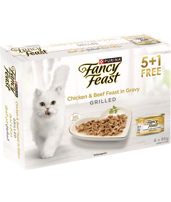 Purina - Fancy Feast, Classic Adult Wet Cat Food, Grilled Beef & Chicken Feast Chunks In Gravy - 5+1 Free Cans x 85g