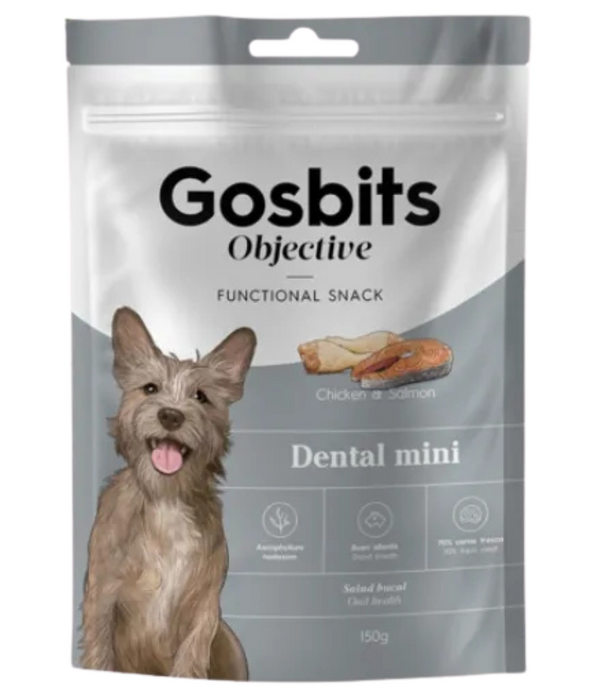 Gosbi - Gosbits Objective, Chicken & Salmon Adult Dog Treats – Dental, Reduce Bad Breath and Plaque Formation, All Natural For Mini and Small Breeds 150g