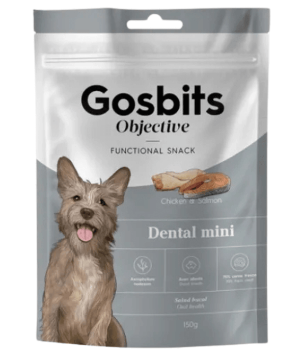 Gosbi - Gosbits Objective, Chicken & Salmon Adult Dog Treats – Dental, Reduce Bad Breath and Plaque Formation, All Natural For Mini and Small Breeds 150g