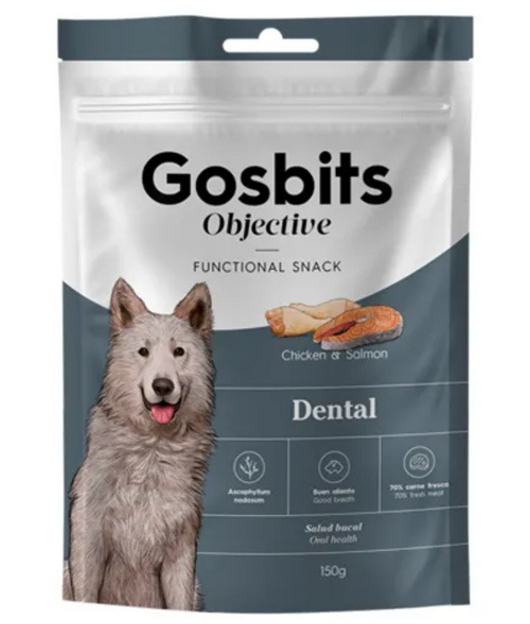 Gosbi - Gosbits Objective, Chicken & Salmon Adult Dog Treats – Dental, Reduce Bad Breath and Plaque Formation, All Natural 150g
