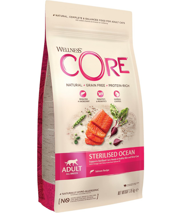 Wellness Core Dry Cat Food – Sterilised Ocean Salmon Recipe, Grain-Free, Hairball Control, Adult 1.75kg
