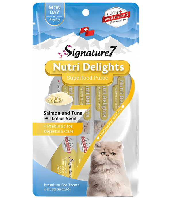 Signature7 Nutri Delights Salmon & Tuna With Lotus Seed & Prebiotic For Digestive Care Liquid Cat Treats 4x15g