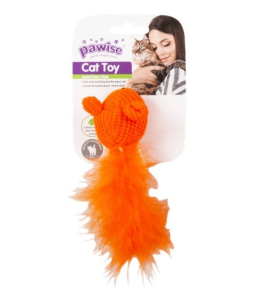 Pawise Wool Mouse Cat Toy – Soft Knitted Plush with Feather Tail for Interactive Play