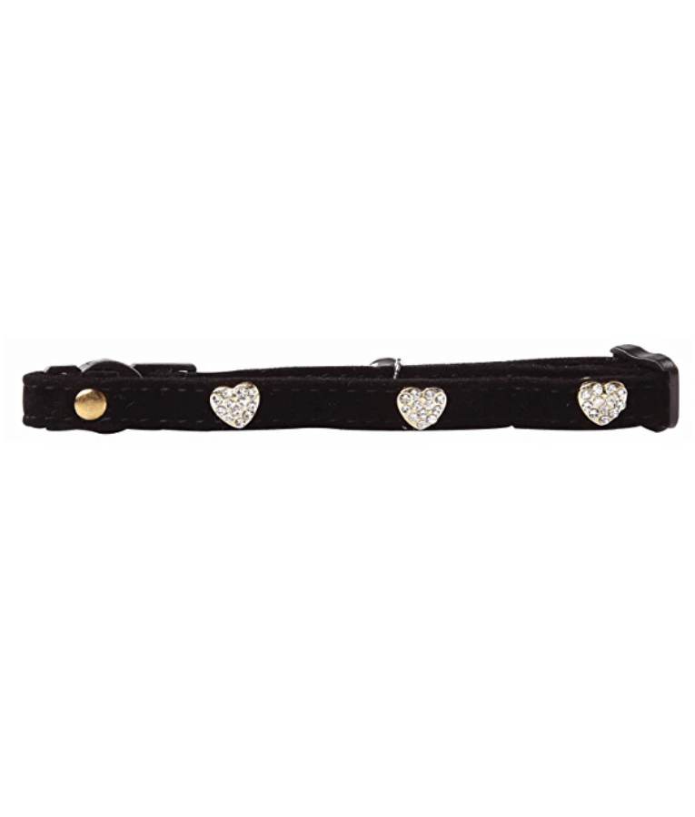 Pawise – Cat Collar Diamond Heart – Black Velvet with Safety Clip & Bell (26–30 cm)