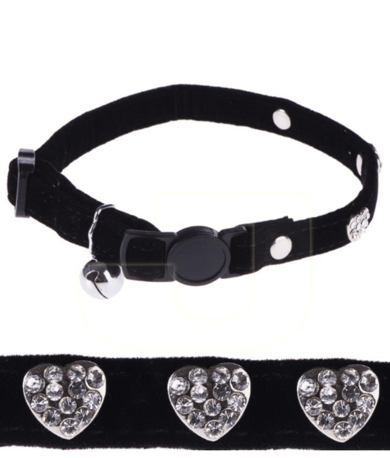 Pawise – Cat Collar Diamond Heart – Black Velvet with Safety Clip & Bell (26–30 cm)