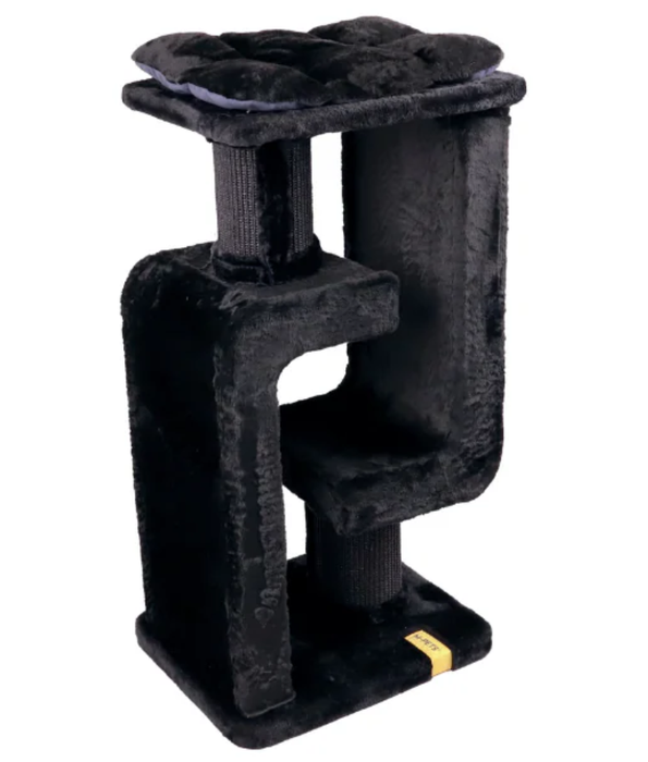 M-Pets - Panther Premium Cat Tree DUO, Rich Black Plush, Scratch & Lounge - 48×40×98 cm