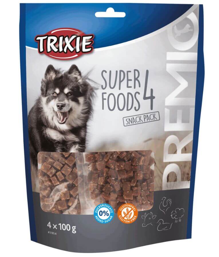 Trixie - 4 Superfoods Snack Pack, Chicken, Duck, Beef & Lamb, Variety of Flavors with Superfoods, Gluten-Free, 4 × 100 g