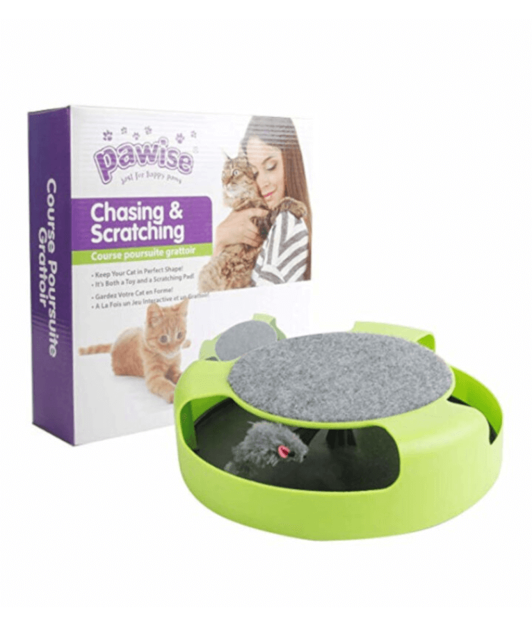 Pawise - Chasing & Scratching Cat Toy, Rotating Mouse Track with Built-In Scratch Pad - 26.5x26.5x7cm