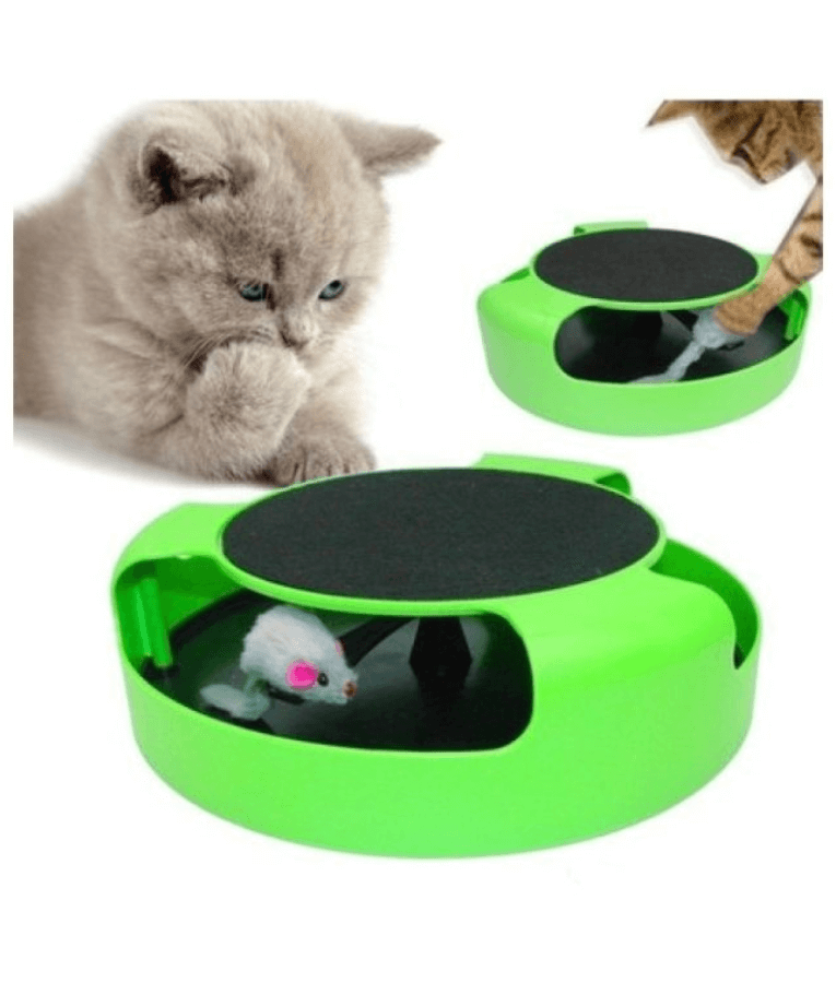 Pawise - Chasing & Scratching Cat Toy, Rotating Mouse Track with Built-In Scratch Pad - 26.5x26.5x7cm
