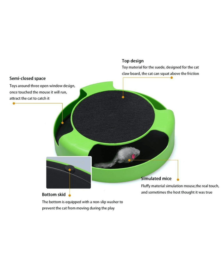 Pawise - Chasing & Scratching Cat Toy, Rotating Mouse Track with Built-In Scratch Pad - 26.5x26.5x7cm