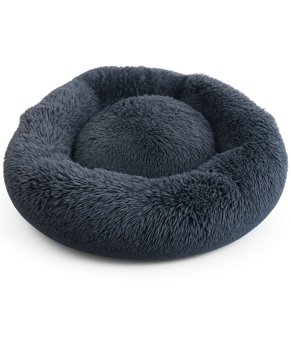 King Queen - Plush Round Dog Bed, Greyish Navy Blue Faux Fur, Anti-Slip, Washable - 80 cm