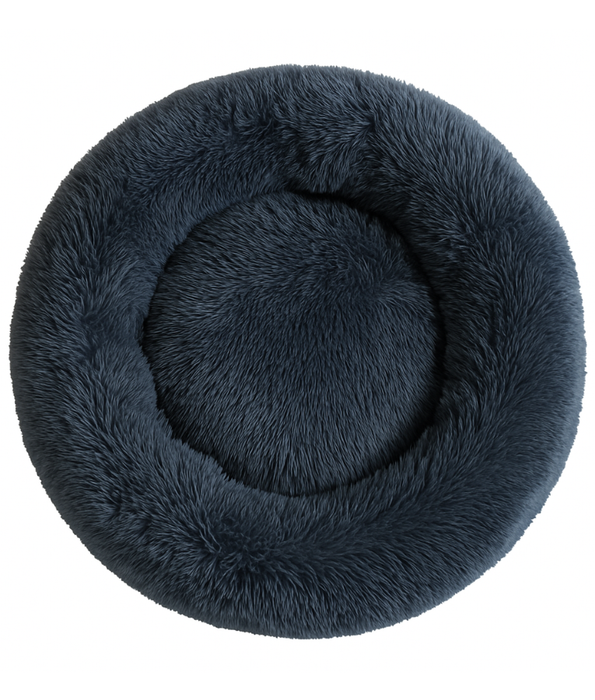 King Queen - Plush Round Dog Bed, Greyish Navy Blue Faux Fur, Anti-Slip, Washable - 80 cm