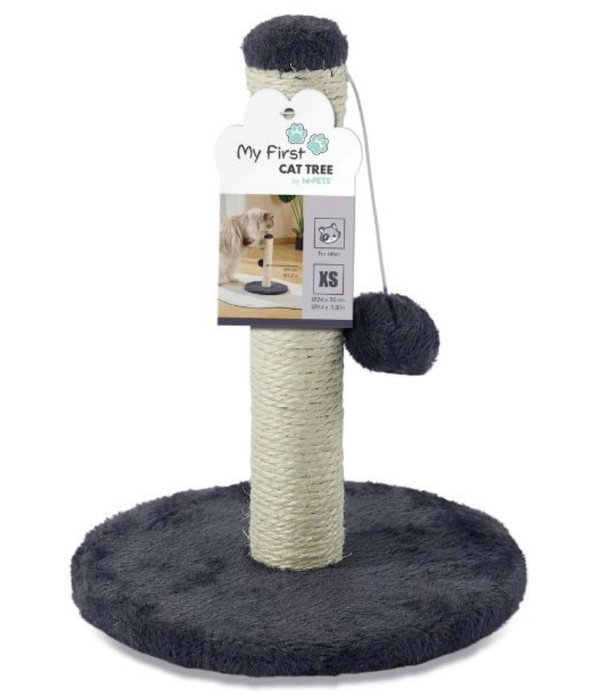 M-Pets - My First Cat Tree Pompom Dark Grey, Scratching Post, Interactive Play - 24×24×30 cm