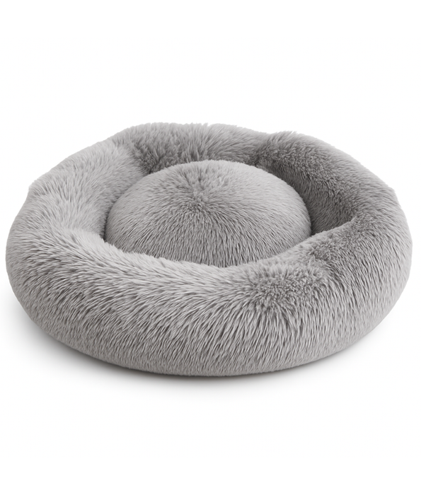 King Queen - Plush Round Dog Bed, Light Grey Faux Fur, Anti-Slip, Washable - 80 cm