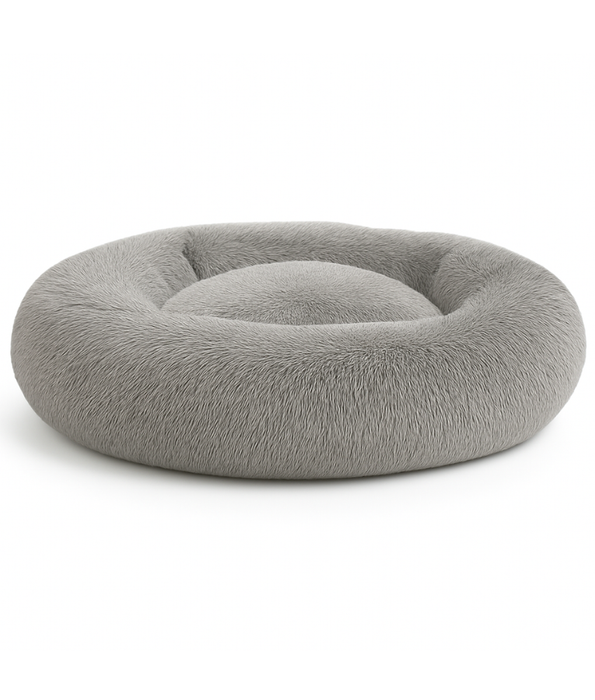 King Queen - Plush Round Dog Bed, Light Grey Faux Fur, Anti-Slip, Washable - 80 cm
