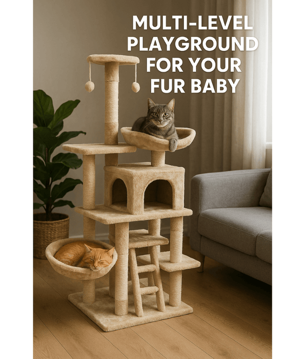 Pawise - Multiple Levels Cat Climbing Center, With Platforms, Caves, & Feather Toys - L40 x W40 x H125 cm