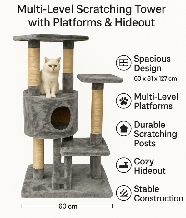 Pawise - Multiple Levels Cat Climbing Tree, with Platforms, & Cave - L60 x W81 x H127 cm