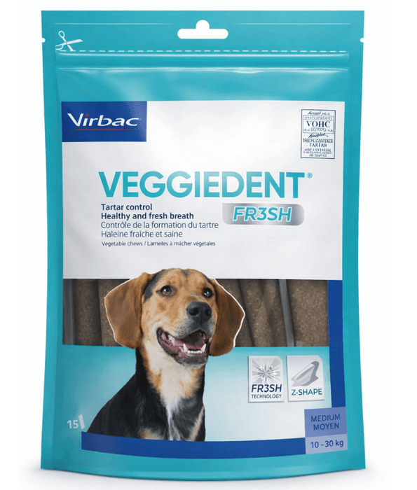 Virbac - Veggiedent FRESH Dental Chews, Plant-Based Formula, Dental & Digestive Support S- M packaging.