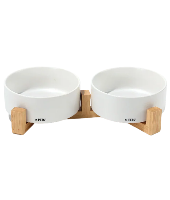 M‑Pets - Opera Ceramic Bowls With Bamboo Stand, Double Bowl Set, Stable Feeding, Dishwasher Safe - 850ml x 2