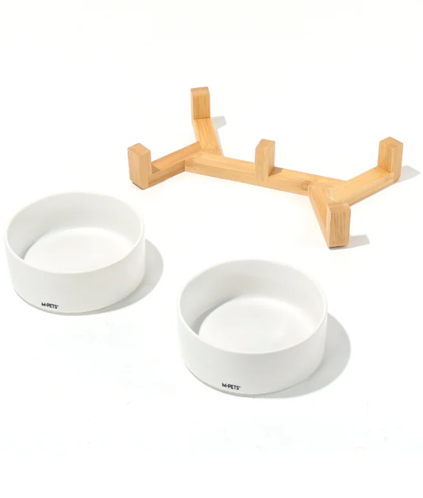 M‑Pets - Opera Ceramic Bowls With Bamboo Stand, Double Bowl Set, Stable Feeding, Dishwasher Safe - 850ml x 2