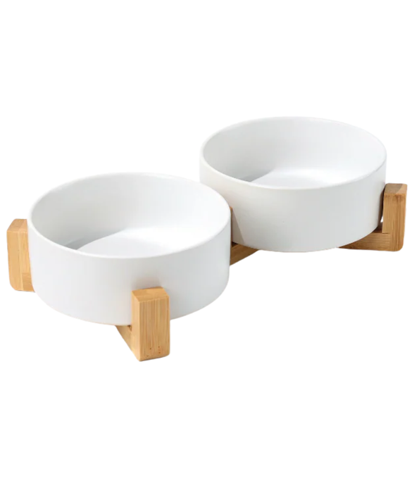 M‑Pets - Opera Ceramic Bowls With Bamboo Stand, Double Bowl Set, Stable Feeding, Dishwasher Safe - 850ml x 2