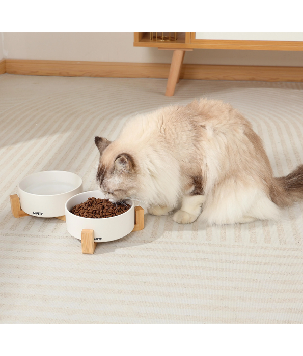 M‑Pets - Opera Ceramic Bowls With Bamboo Stand, Double Bowl Set, Stable Feeding, Dishwasher Safe - 850ml x 2