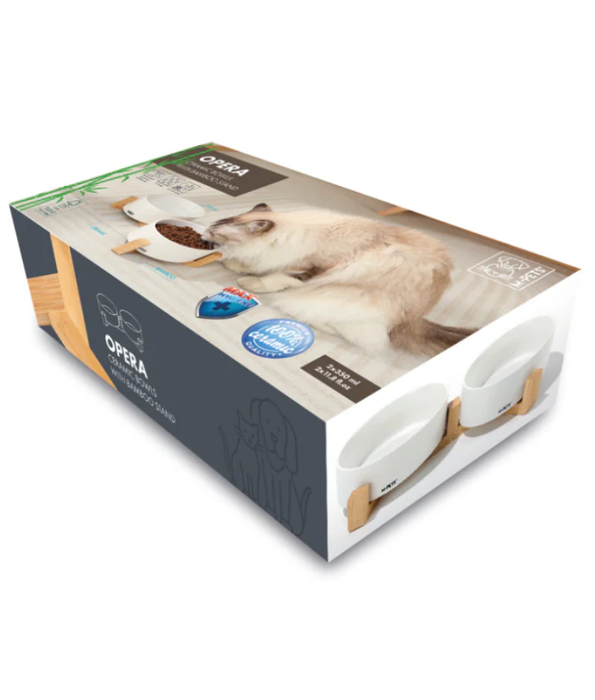 M‑Pets - Opera Ceramic Bowls With Bamboo Stand, Double Bowl Set, Stable Feeding, Dishwasher Safe - 850ml x 2