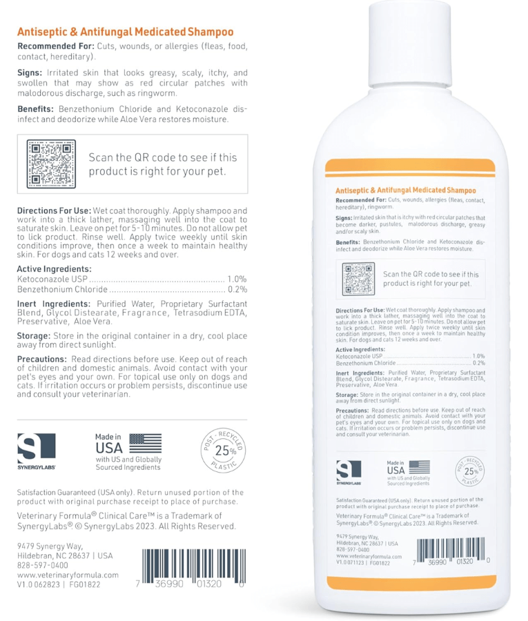 Synergy Labs - Veterinary Formula, Clinical Care Antiseptic and Antifungal Shampoo for Dogs and Cats - 473ml