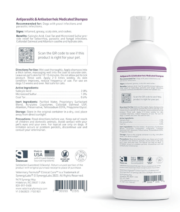 Synergy Labs - Veterinary Formula, Clinical Care Antiparasitic and Antiseborrheic Shampoo For Dogs - 473ml