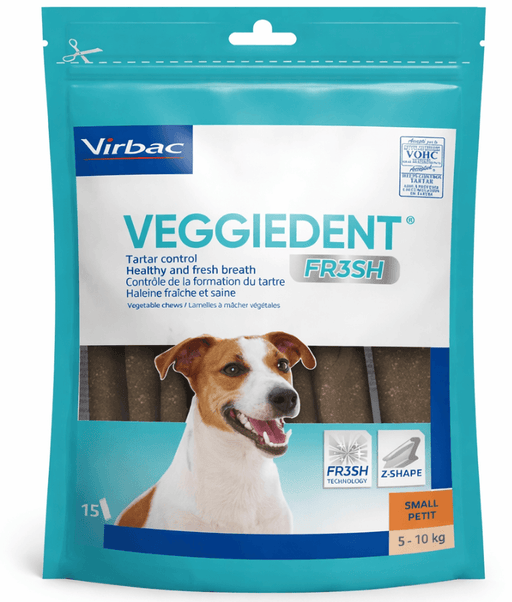 Virbac - Veggiedent FRESH Dental Chews, Plant-Based Formula, Dental & Digestive Support  S- M packaging with dog image