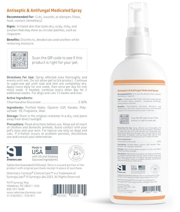 Synergy Labs - Veterinary Formula, Antiseptic and Antifungal Medicated Spray for Dogs & Cats - 237ml