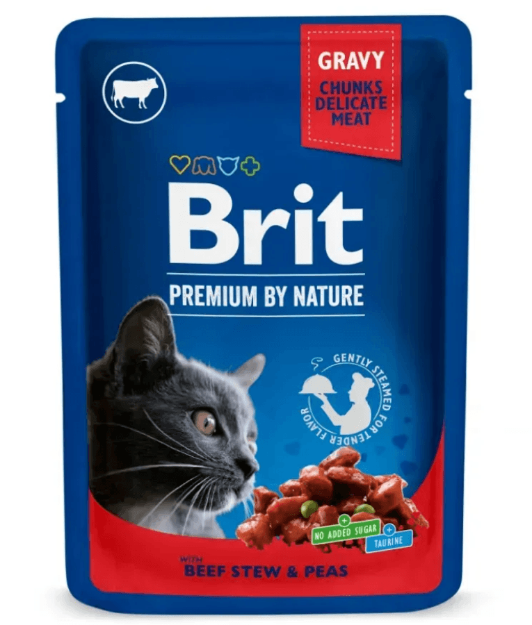 Brit Premium - Cat Pouches with Beef Stew & Peas in Gravy, Adult, Cat Wet Food - 100g