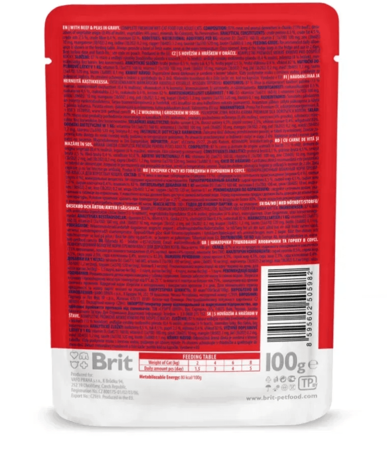 Brit Premium - Cat Pouches with Beef Stew & Peas in Gravy, Adult, Cat Wet Food - 100g
