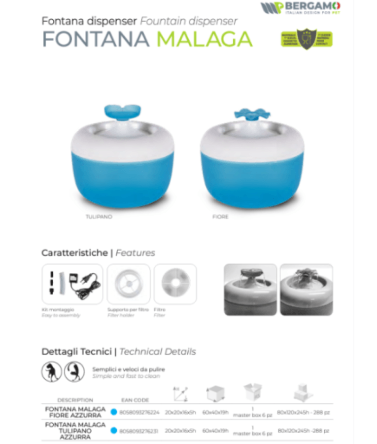 MP Bergamo - Malaga Tulip Blue Fountain Water Fountain for Cats & Small Dogs - 1.7L