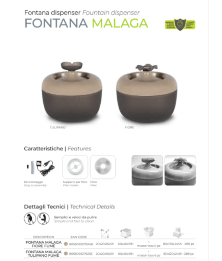 MP Bergamo - Malaga Mocca Tulip Fountain Water Fountain for Cats & Small Dogs - 1.7L