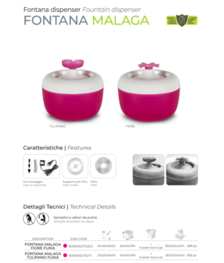 MP Bergamo - Malaga Fuchsia Tulip Fountain Water Fountain for Cats & Small Dogs - 1.7L