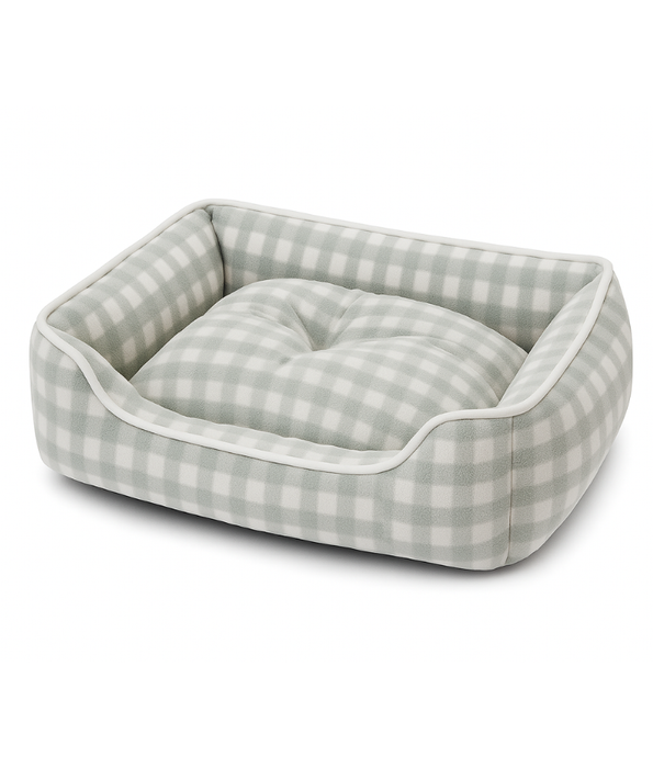 King Queen - Checkered Fleece Fort Bed, for Cats & Mini Dogs, Sage Grey & White - 45×38×14 cm